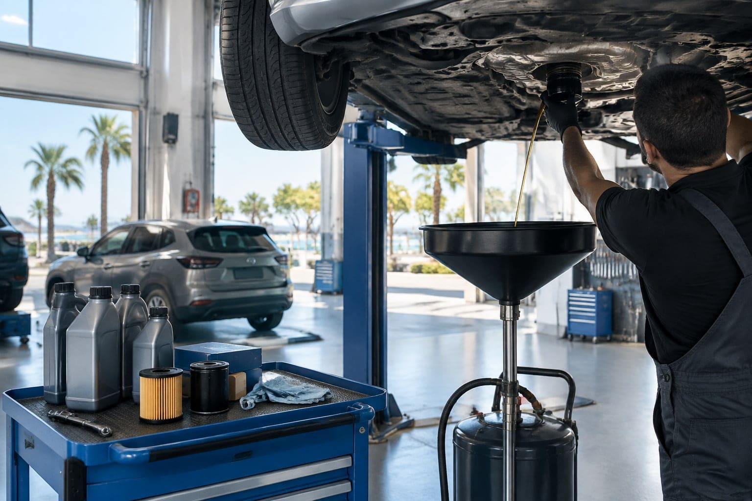 Servis rampasındaki aracın motor yağı değişimi sırasında çekilen yakın plan