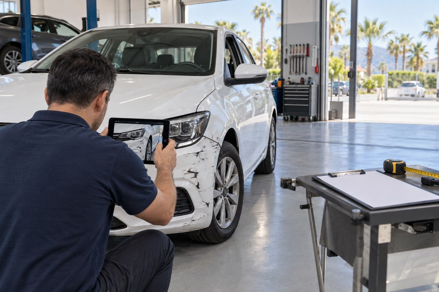 Servis kabulünde hasarlı aracın yanında dosya inceleyen servis danışmanı